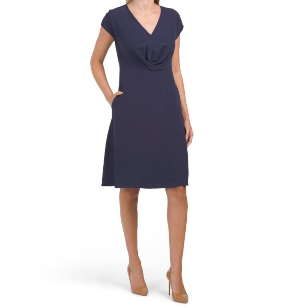 Tahari ASL size 10 short sleeve V-Neck Twist Front Fit & Flare Dress navy blue‎ - Picture 1 of 12